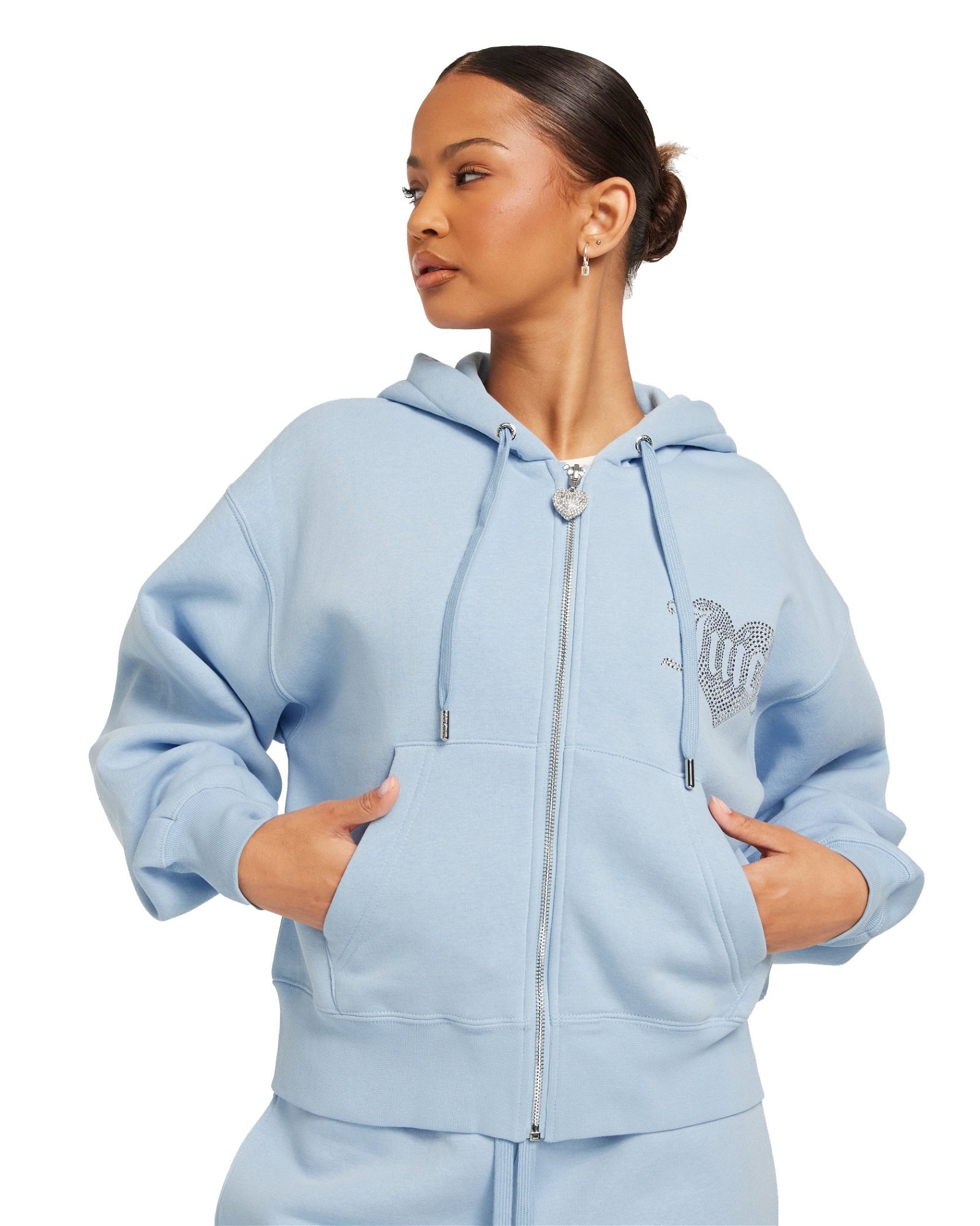 Juicy Couture Marielle Heart Diamante Zip Through Hoodie W Powder Blue (XS XS)