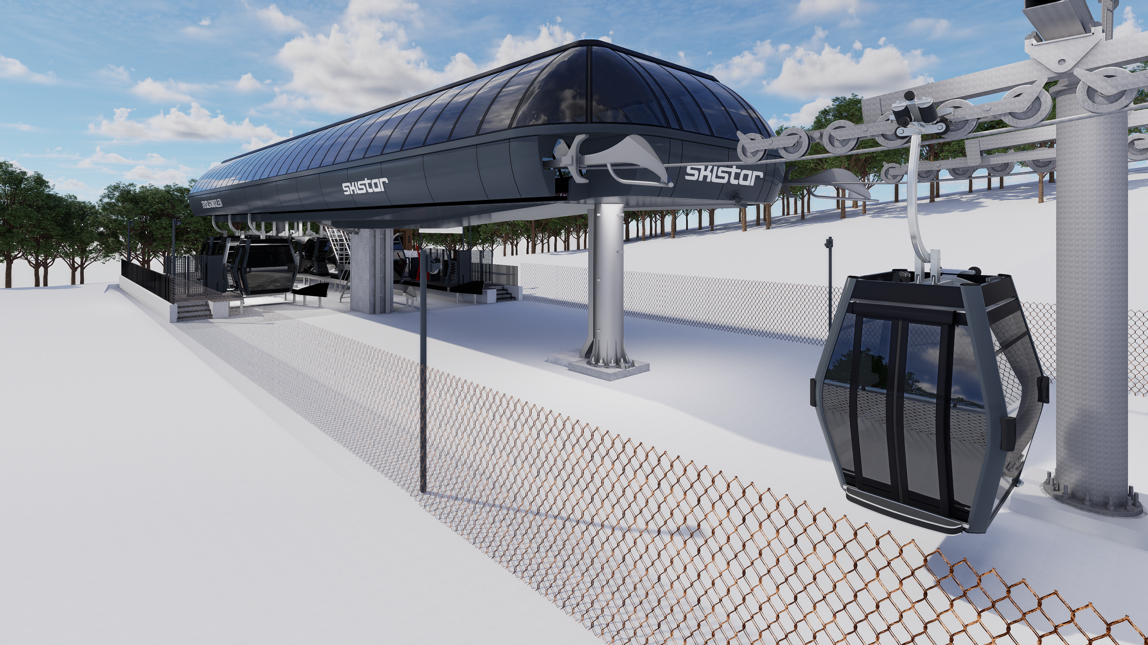 Ski lift at the mountain resort with gondolas and modern stations under a clear sky