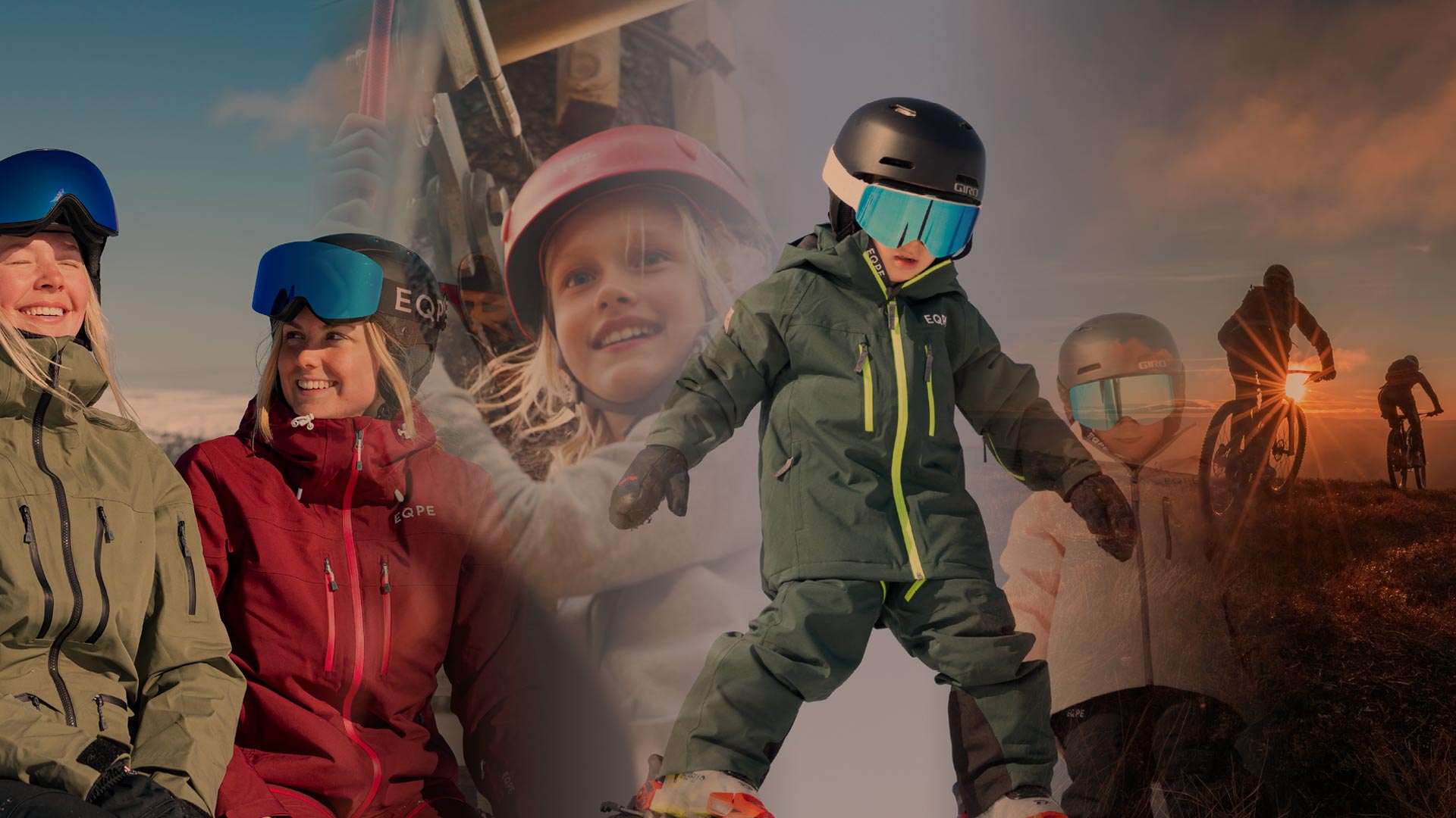 People dressed in winter clothing enjoy various outdoor activities such as skiing and cycling at sunset