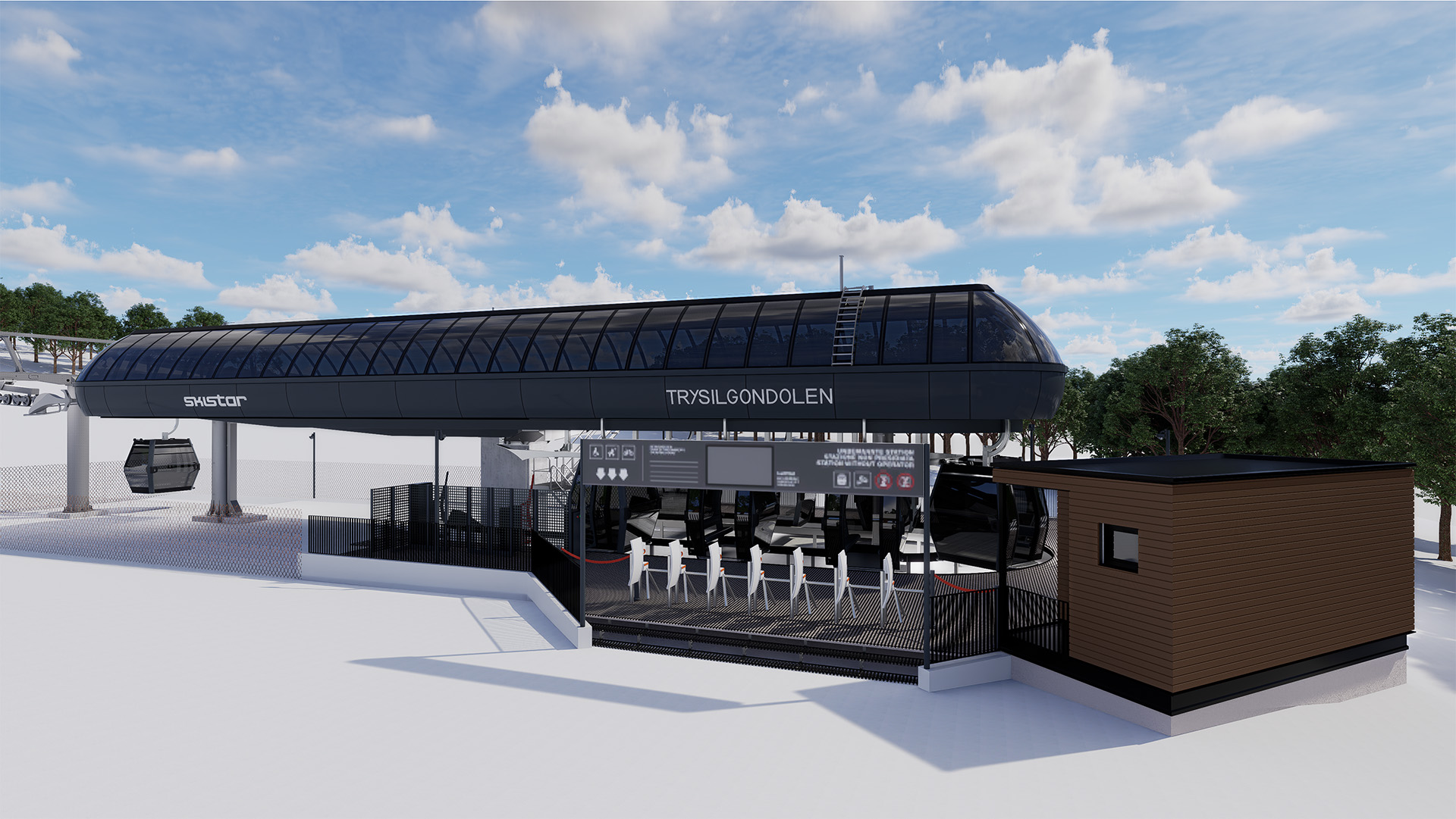 Modern gondola lift in Trysil under a clear sky, surrounded by snow and trees, marked with Skistar and Trysil gondola